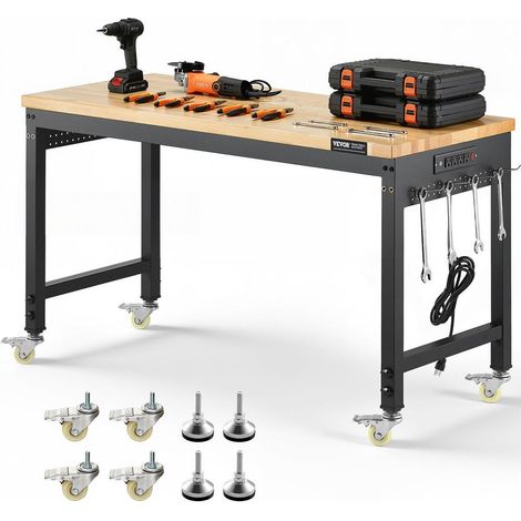 Montage Simple Établi d'Atelier Mobile 1220 mm Table de Travail Réglable en Chêne avec Prise Charge 907 kg