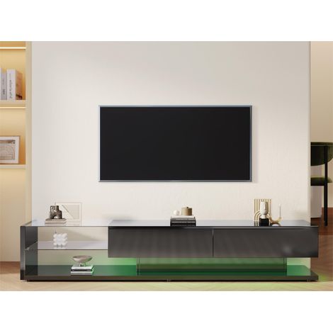 Meuble TV 170cm avec LED et cloison vitrée - 2 tiroirs - Noir (1/5)