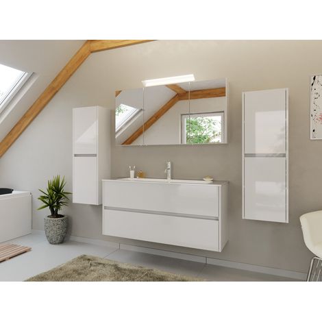 Badmöbel Set Taifun 4tlg. 120 cm mit Spiegelschrank und 2x Seitenschrank weiß Hgl (1/5)