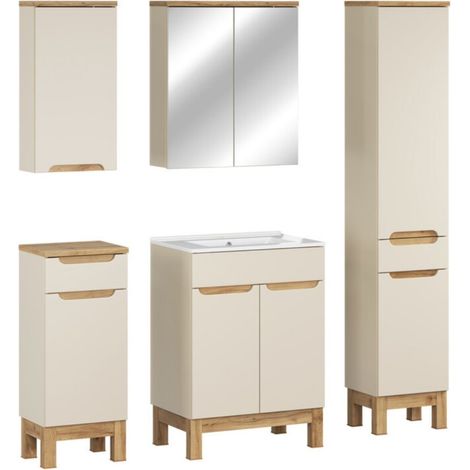 Set ERMANO cashmere 130cm: mobile sotto lavabo + lavabo incassato + mobili sospesi e da appoggio + specchi