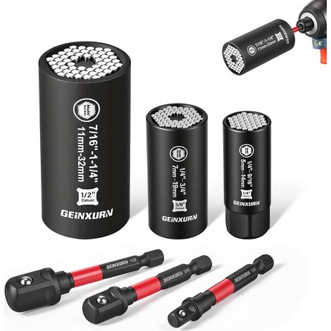 6-teiliges Universal Douille Set, 3 Universal Multi Cr-v Douille (5-14 mm, 7-19 mm, 11-32 mm), 3 Sechskant Adaptateur (1/4", 3/8", 1/2") für Schrauben, Muttern (1/5)