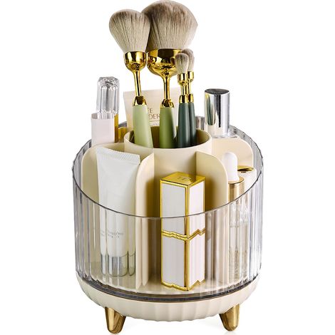 Porte-pinceaux de maquillage rotatif 360°, organiseur de cosmétiques à plusieurs zones, présentoir pour vanity, bureau et salle de bain. XZS-W (1/5)