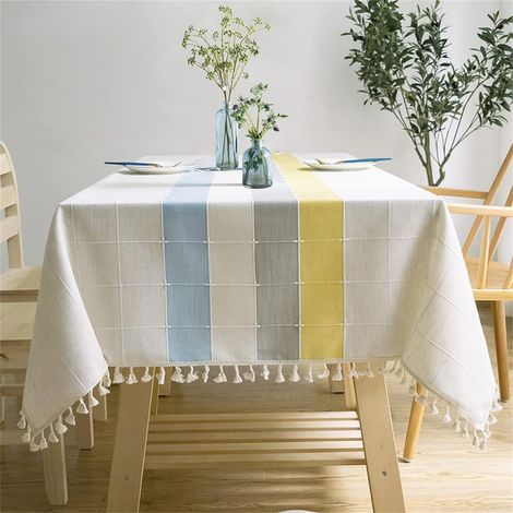 Nappe rayée ,avec pompons Noir et gris Décoration de table de cuisine ,nappe anti-poussière,140 cm x 200 cm,(Spandex) (1/4)
