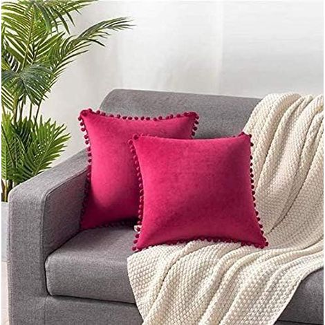 2 Pcs Housse de Coussin en Velours Taie d'oreiller Decorative Taie d'oreiller Boule de Fourrure de Couleur Pure Super Doux Maison Salon Chambre pour Canapé Taie d'oreiller (Fuchsia) (1/5)