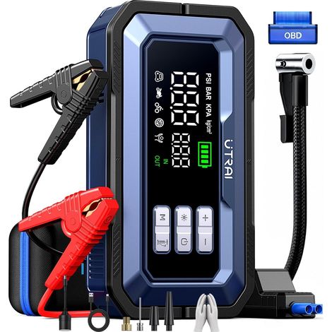 Booster Batterie Voiture 8000A avec Gonfleur 150PSI (Tous Véhicules à Essence/12L diesel), Démarrage Batterie Voiture avec Sortie DC 160W, 2000 Lumens LED, OBD2 Diagnostic, Jump Starter Portable (1/5)