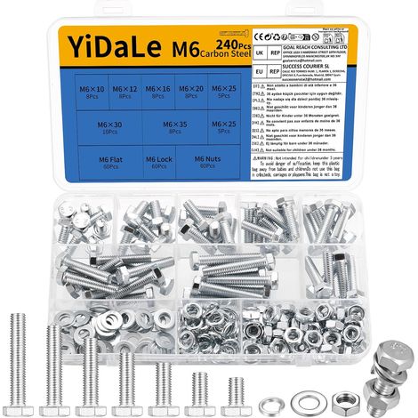 240 Pcs Boulons M6, Boulons et Écrous, Vis à Tête Hexagonale et Écrous avec Rondelles Élastiques et Plates, Vis à Six Mécaniques en Zinc Blanc pour Meubles Voitures Vélos (240Pcs - M6) (1/5)