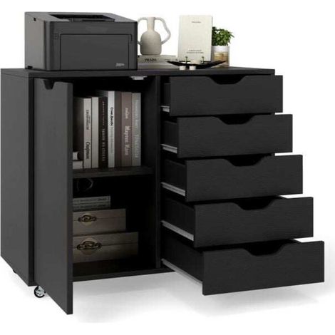 Facile à déplacer, meuble de rangement à roulettes avec 5 tiroirs, porte et étagère réglable pour bureau (1/5)