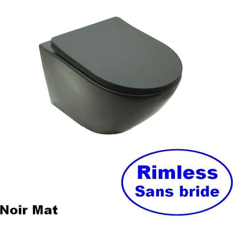 Rue Du Bain – Cuvette WC suspendu ovale sans bride Rimless – Céramique noir mat – Abattant Duroplastic avec frein de chute – Dimensions 48x37 cm