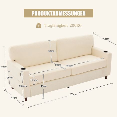 Canapé chenille moderne 2 places avec USB-C,LED,porte-gobelets et poches latérales,cadre bois/métal,pour salon,chambre ou bureau. beige