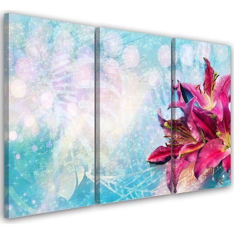 Quadro su tela 3 paneli, Fiori rosa su uno sfondo blu - 60x40 (1/4)