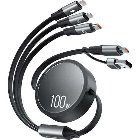 Câble de charge multi-fonctionnel 100W USB-A/C - 6-en-1/110cm, Rétractable, PD3.0 5A, Ports Type-C/L/Micro USB, compatible avec iPhone 16/16 Pro Max/15, MacBook, Pad, Galaxy, Huawei, Tablette