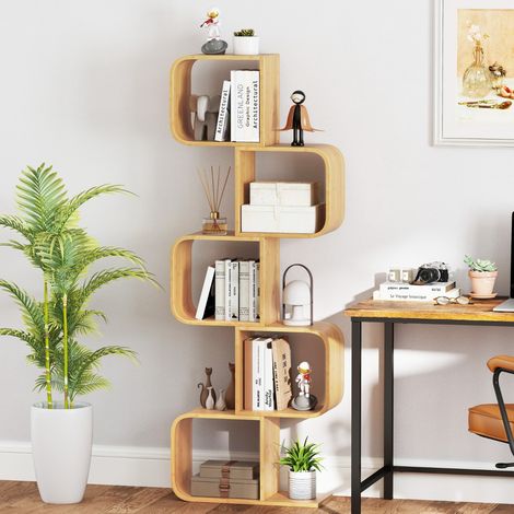 Bibliothèque en Forme de 'S' à 5 Niveaux Etagère en Bambou avec 5 Cubes Ouverts Etagère d'angle Géométrique Etagère de Rangement Naturel (1/3)