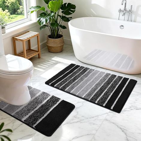 tapis de salle de bain antidérapants et absorbants, doux, lavables en machine, tapis contour WC pour toilettes - 45 x 65 + 50 x 60 cm - Noir (1/5)