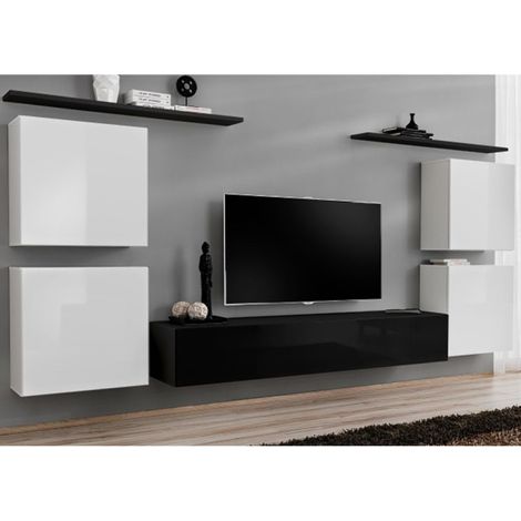 Meuble TV Mural Design "Switch IV" 320cm Blanc & Noir (1/4)