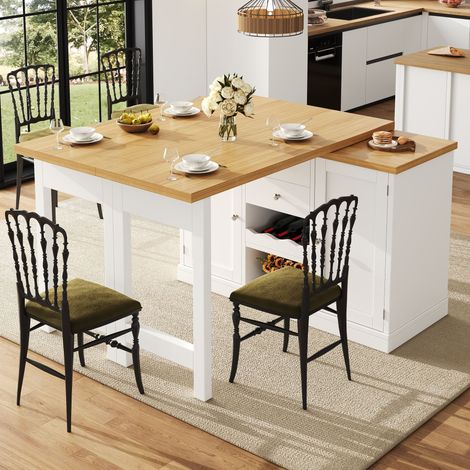 Îlot de cuisine extensible avec table pivotante 360° 120-197x40x74cm,2 tiroirs,meuble bar avec casier à vin,MDF et métal,blanc