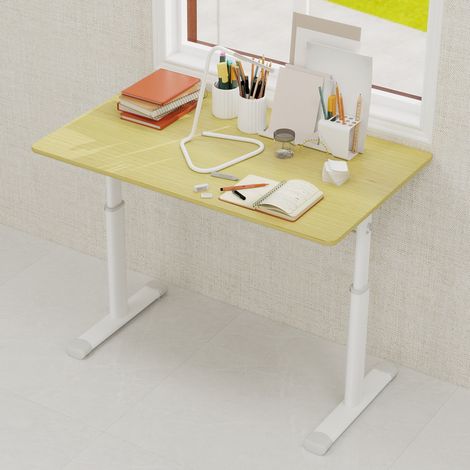 Bureau relevable à manivelle, structure métallique et bois, coloris bois (1/5)