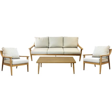 Gartenset ELVORA 5 Plätze aus Aluminium in Holzoptik mit 3-Sitzer Sofa, Sesseln und Couchtisch