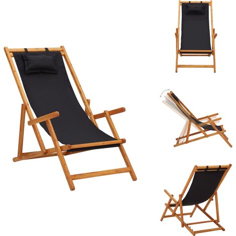 Chaise pliable de plage bois d'eucalyptus solide et tissu noir - Chaises De Jardin - Chaises De Plage - Mobilier De Jardin - Chaise Pliante - Chaise Inclinable (1/5)