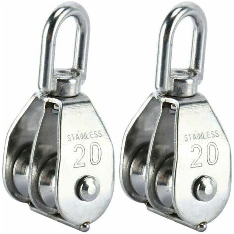 Lot de 2 blocs de poulie double M20 – Acier inoxydable 304 – Charge max 75 kg – Corde 7 mm – Crochet pivotant pour traction efficace (1/5)