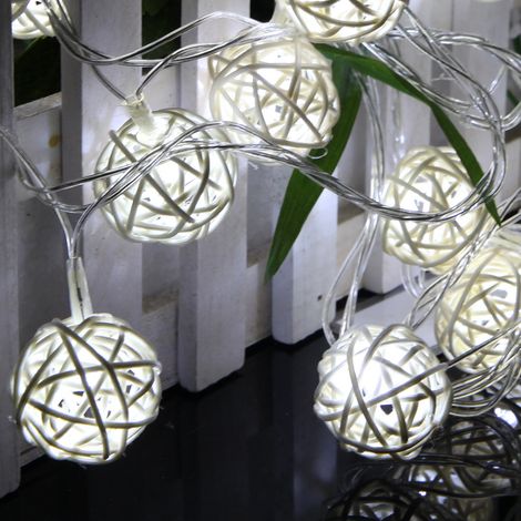 Guirlande lumineuse à piles de 20 LED, 20 boules de rotin en forme de globe, pour Halloween (blanche) (1/5)
