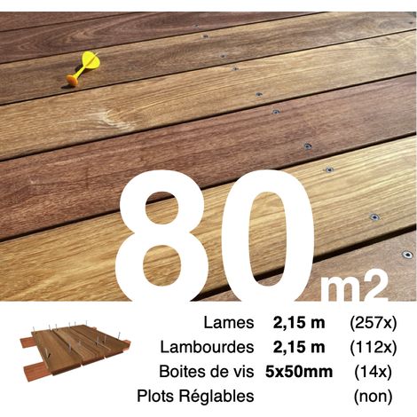 Kit terrasse bois exotique CUMARU pour 80 m² • Lames 2,15 m, lambourdes 2,15 m et visserie Inox • Livraison gratuite