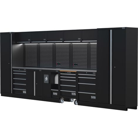 Arredamento modulare in lamiera SOGI ARR-OFF-4920 per officina e garage - piano in acciaio inox - 4915x466x2000 mm (1/5)