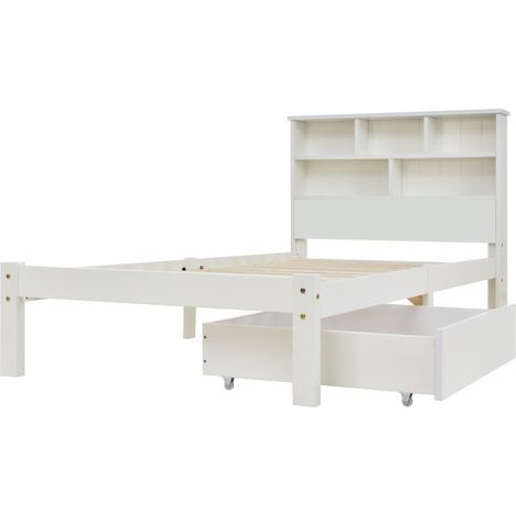 Cama 90x200 cm de madera y MDF, blanca, con cajón y estantes, para ordenar, sin colchón – MEUBLIV (1/5)