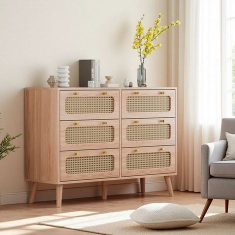 Kommode 6 Schubladen - Naturholz - Kipp-Schutz - Zeitgenössisches Design - 100x34x73 cm