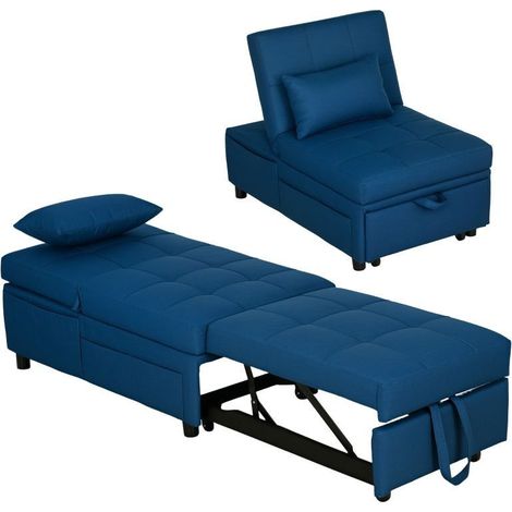 Sillón plegable 3 en 1 con bolsillos laterales, cama invitados con cojín, respaldo regulable, sillón cama con ruedas, color azul (1/5)