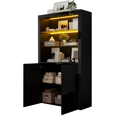 Vitrine haute 100 x 35 x 170 cm avec LED, 2 portes, 2 étagères en verre, finition brillante noire, rangement salon moderne et élégant pour votre intérieur – CHICFURN (1/5)