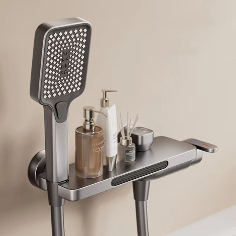 Robinet de salle de bain style cascade, pommeau de douche portable mural, ensemble de robinetterie pour baignoire eau chaude et froide (gris) (1/5)