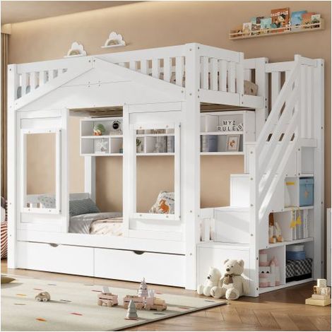 Lit Superposé 90x200 cm avec escalier de rangement - Lit 2 places - design cabane, grands tiroirs, bois massif de pin, coloris blanc (1/5)
