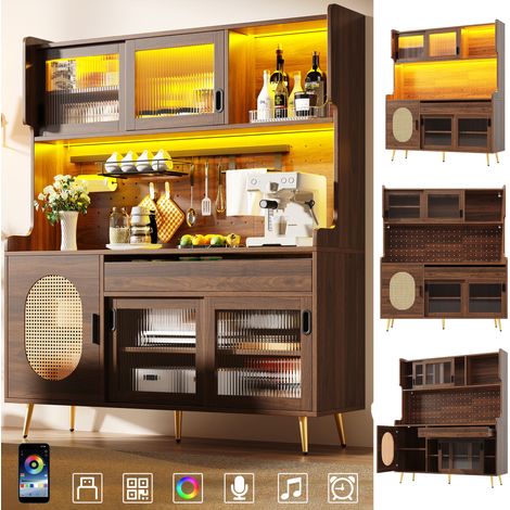 Buffet campagne 5 portes, armoire de rangement cuisine 145x39x171cm, meuble marron/noir avec bande LED et panneau de rangement, portes vitrées cannelées