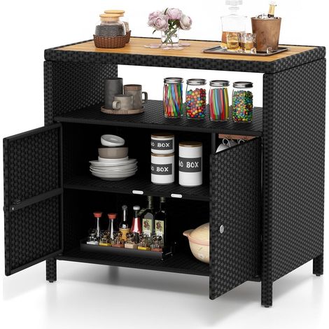 COSTWAY Armario Baja Exterior de Ratán, Armario terraza con Compartimento Abierto y Gabinete Cerrado, Aparador de Mimbre de 2 Puertas Terraza Jardin Exterior, 90 x 53 x 66 cm (Negro) (1/5)