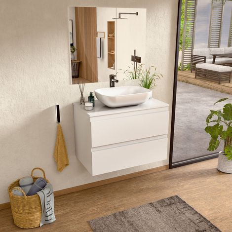 BELLOBATH – Hängender Badezimmerschrank mit Keramikwaschbecken und Spiegel, Badezimmerschrank mit 2 Schubladen, 60 x 55 x 46 cm, weißer Schrank