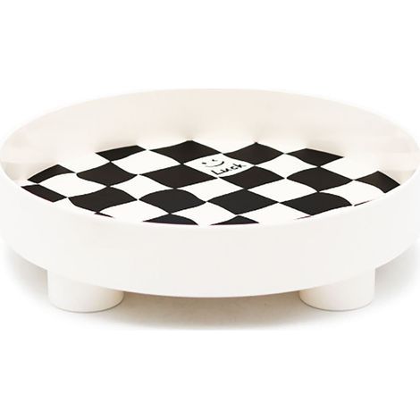 Plateau de rangement rond à motif damier, blanc, petit format. Idéal pour fruits, parfums et bijoux. (1/5)