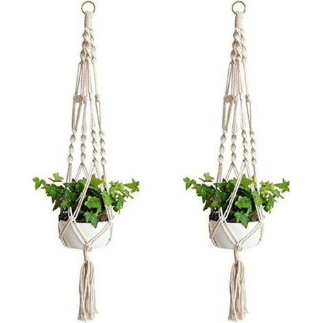 Lot de 2 suspension plante, macramé coton naturel, fait main, intérieur extérieur, décoration murale jardin (1/5)
