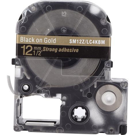 Ruban d'étiquettes transparent et durable de 12 mm, résistant à l'huile, à la corrosion et à l'usure (noir sur or). (1/5)