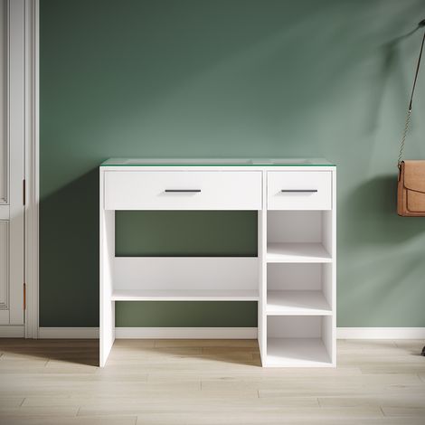 Sirhona – Coiffeuse tout-en-un avec plateau en verre – Dimensions 90x44x77 cm – Rangement optimisé avec séparateurs – MFC et verre trempé (1/5)