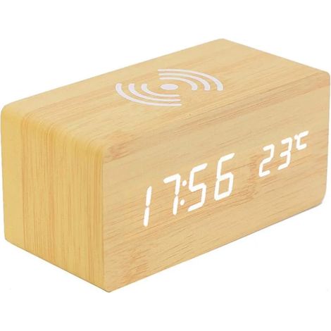 Digitaler Thermometer-Wecker, digitaler Wecker aus Holz, LED-Digital-Holzwecker mit kabellosem Ladegerät, Holzwecker mit Induktionsladegerät, kabelloses Ladegerät für Schlafzimmer/Büro (1/5)