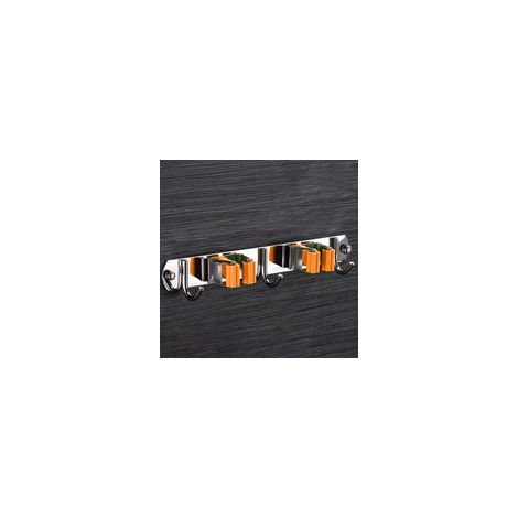 Support mural en inox pour balais, porte-balai à fixer avec 2 slots et 3 crochets, idéal cuisine, garage, jardin, buanderie, couleur orange. (1/5)