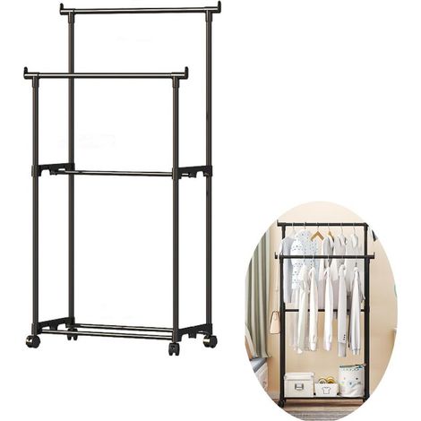 Porte-Manteau à Roulettes, Portant à Vêtements Double Barre, Plastique Porte-manteau, Noir (1/5)