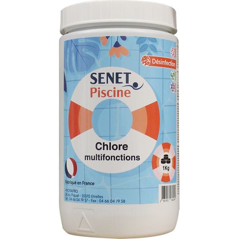 Chlore multifonctions désinfectant, galet de 250 g - Boîte de 1Kg - SENET Piscine