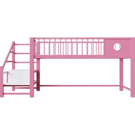 Letto a soppalco basso per bambino 90 x 200 cm in metallo rosa con scala contenitore (1/5)