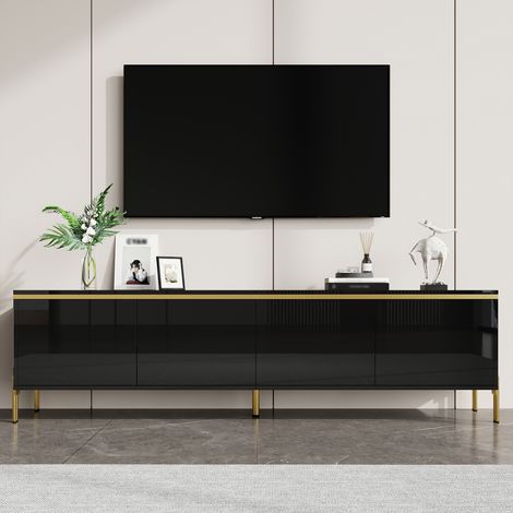 Meuble TV Moderne Haute Brillance - Banc TV de Salon 170 cm avec 4 Portes, Finitions Dorées Élégantes et Passe-Câbles Intégrés - Buffet Bas Multimédia Style Minimaliste Italien - Noir (1/3)
