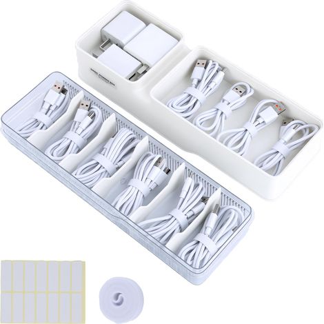Boîte de Rangement de câbles Double Couche avec 5 Compartiments réglables et Serre-câbles de 1,5 m, boîte de Rangement en Plastique pour câbles de Chargeur, chargeurs, Bureau, boîte à câbles (1/5)