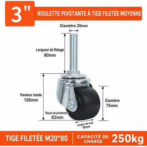 Roulette pivotante industrielle à tige filetée M2080 75 mm en nylon 6 charge 250 kg 3 m20 80 6 2 kg – Livraison gratuite