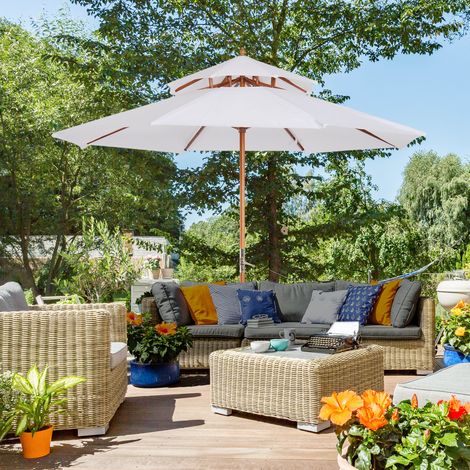 Outsunny gerader Sonnenschirm, runder Gartenschirm aus Holz, 2 Polyester-Bespannung (180 g/m²), Durchmesser 2,7 m x Höhe 2,6 m, Weiß