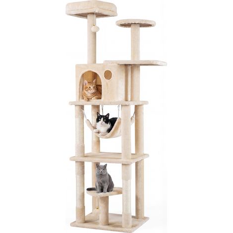 Arbre à Chat 168 cm avec Perchoir, Hamac, Condo, Plateformes Tour pour Chat Multi-Niveaux avec Poteaux à Griffer en Sisal Naturel, 2 Pompons Suspendus (1/5)