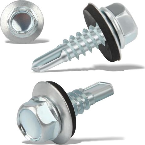 Lot de 120 vis auto-taraudeuses à tôle trapézoïdale, 4,8 x 55 mm, à tête hexagonale, avec rondelle d'étanchéité, galvanisées, vis à tôle auto-taraudeuses, pour toit en métal, argentées